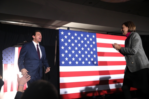 Republican presidential candidate Florida Gov. Ron DeSantis greets Iowa Governor Kim Reynolds